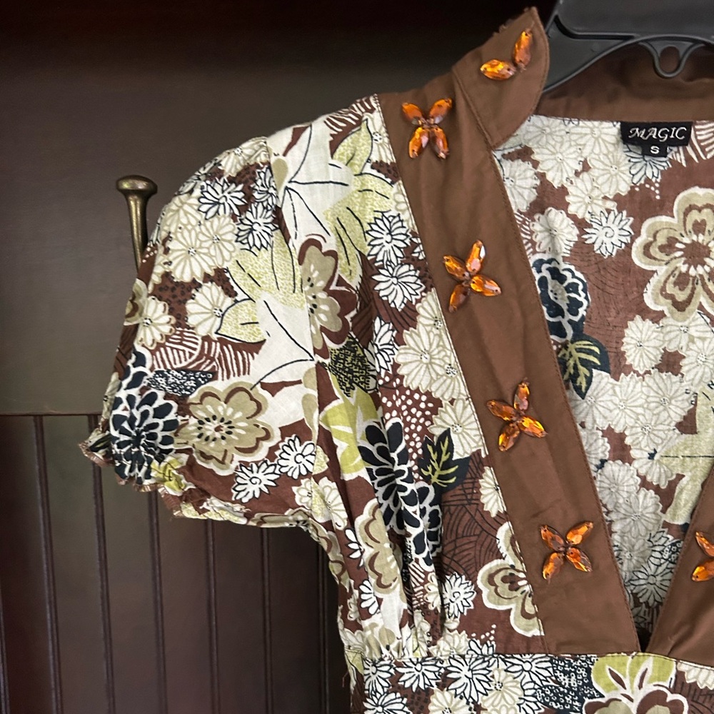 Y2K MAGIC Babydoll Brown Floral Beaded Dress Fairy Grunge Retro Indie Boho Sz S - Picture 4 of 16
